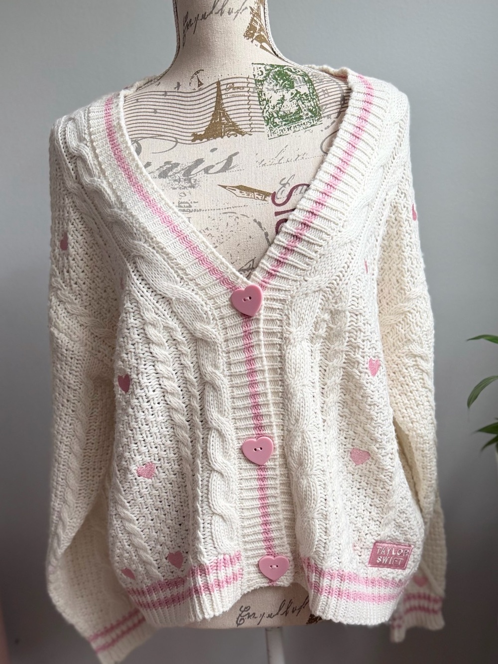 Taylor Swift Cream and Pink Heart Cable Knit Cardigan